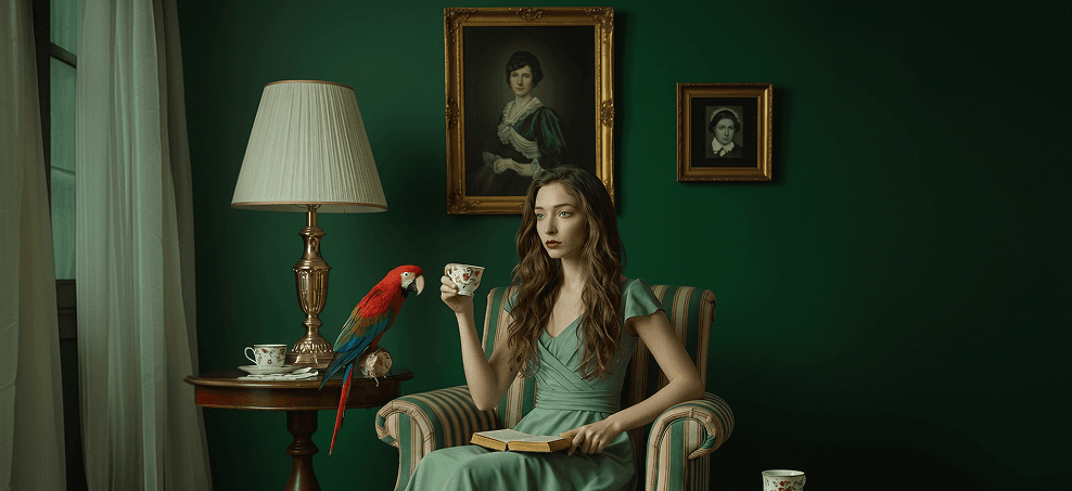 A woman in an elegant green room, holding a teacup — editorial image evoking bespoke luxury